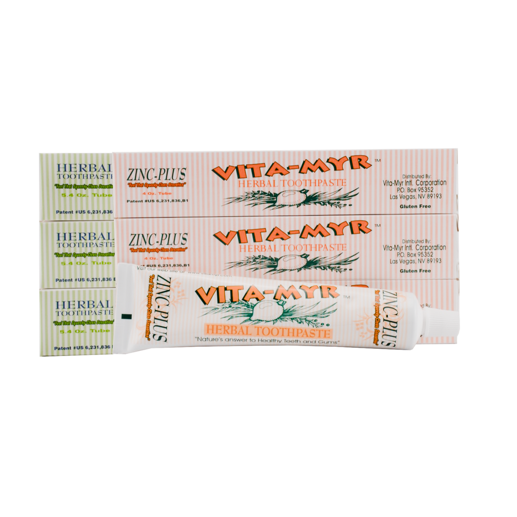 Vita-Myr Family Pack Toothpaste - 3 x 5.4 oz. Zinc-Plus XTRA & 3 x 4 oz. Original Zinc Toothpaste Your Dental Solution