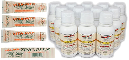 Vita-Myr Family Package - 12 pk of 8 Oz Mouthwash & 3 pk of 4 Oz Original Toothpaste