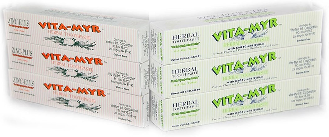 Vita-Myr Family Pack Toothpaste - 3 x 5.4 oz. Zinc-Plus XTRA & 3 x 4 oz. Original Zinc Toothpaste Your Dental Solution