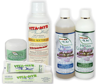 VITA-MYR Complete Care Set - Henna Shampoo/Conditioner, Mouthwash, Zinc+ XTRA Toothpaste, Aloe Vera Cream